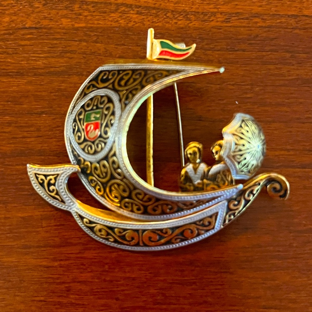 1960's Vintage Damascene Galleon Sailing Ship Brooch from Spain. Red, Black.